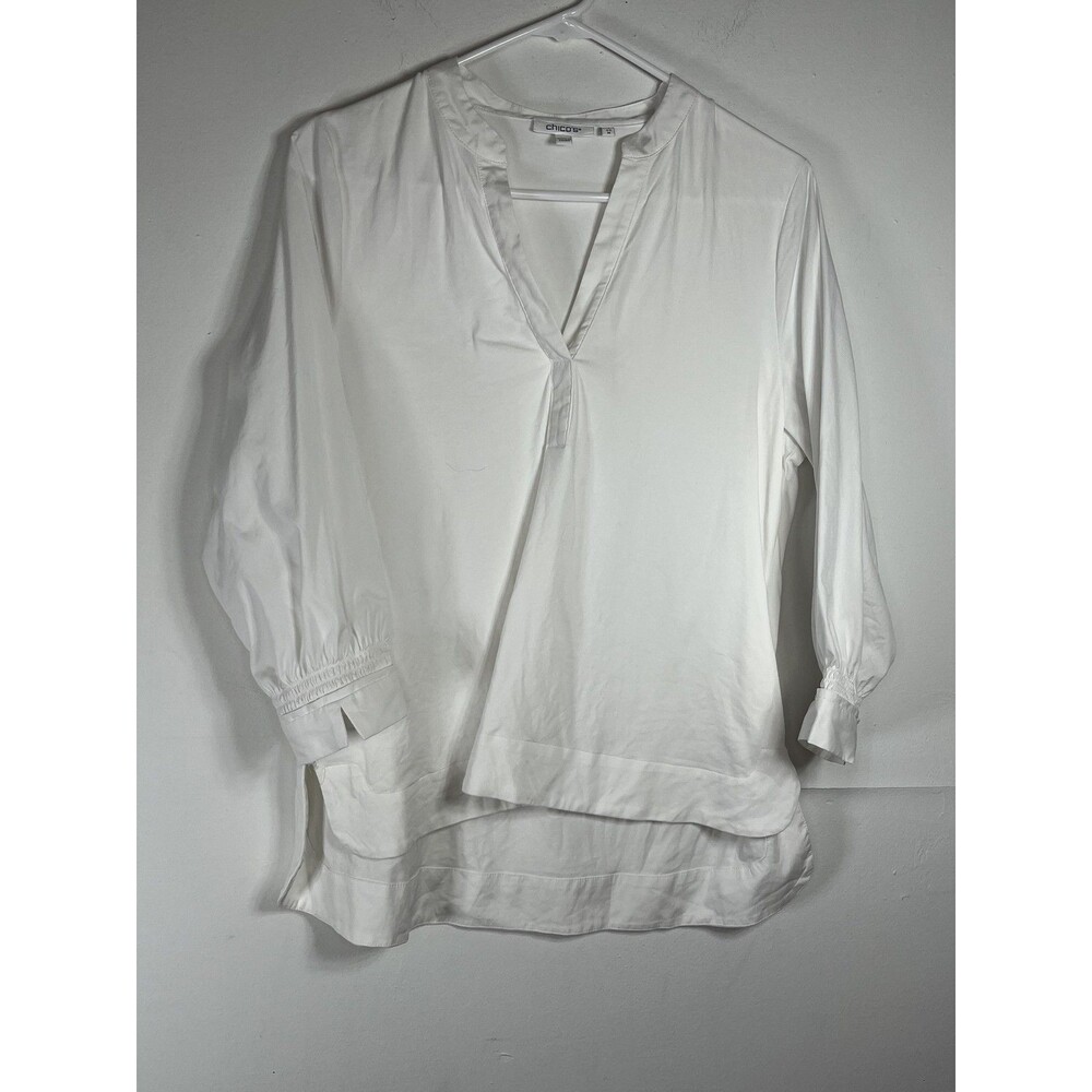 Chicos sz M 1 Ruched solid white 3/4 sleeve blouse top